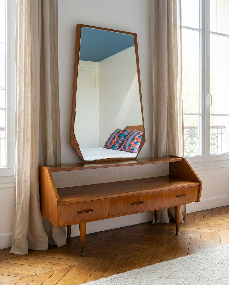 Coiffeuse en placage de ronce, elle présente un miroir porté par deux Coiffeuse en placage de ronce, elle présente un miroir porté par deux